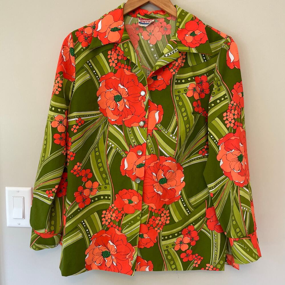 Pykettes VTG 60s/70s MOD Blouse Womens Medium? Flower Power Disco Button Up